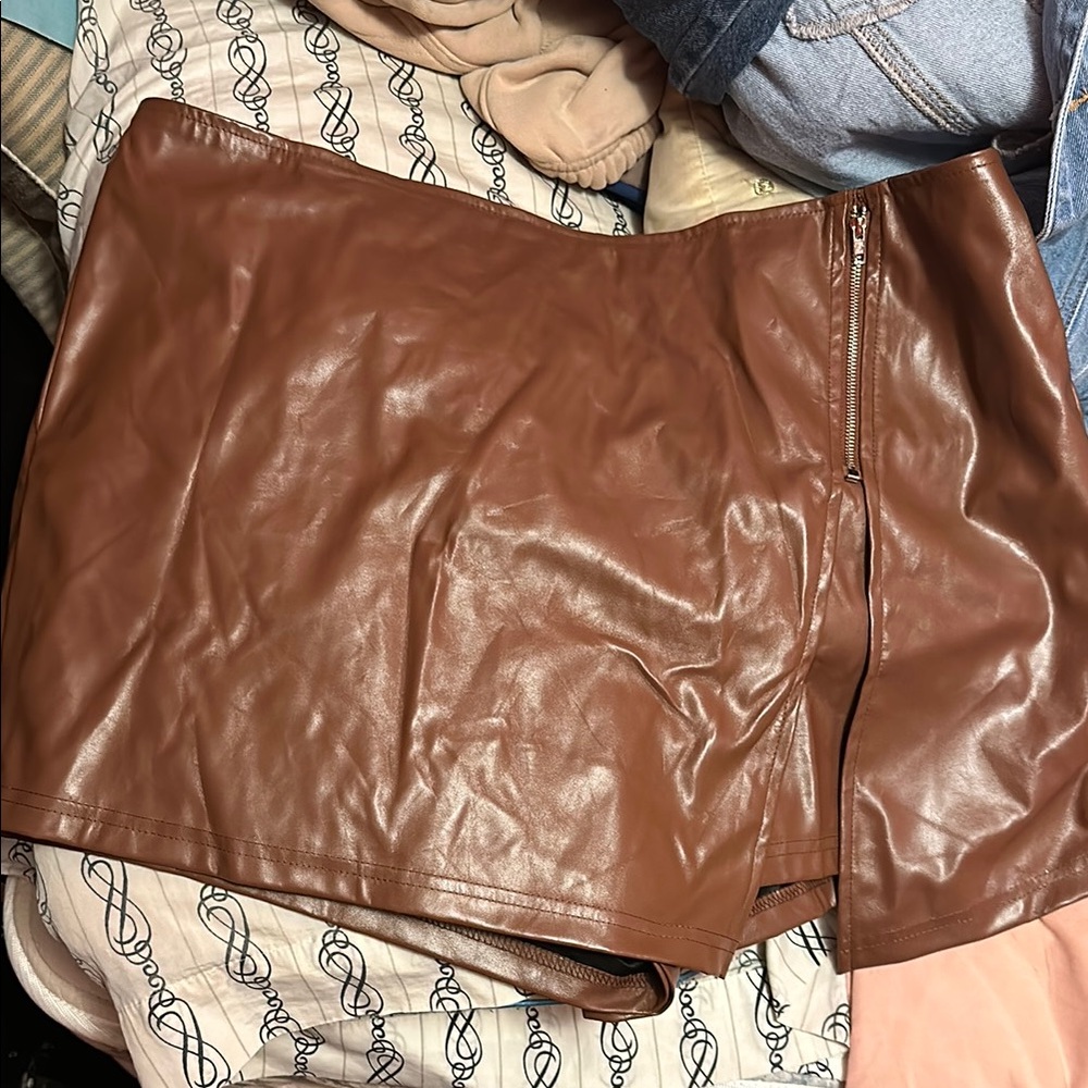 Brown Faux Leather Mini Skort